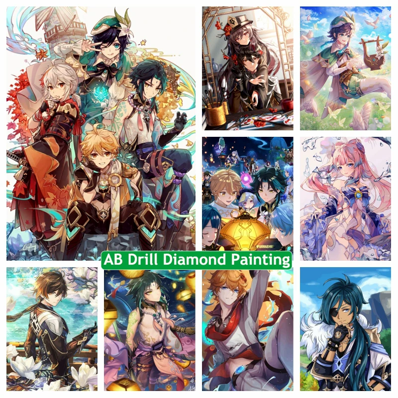 Genshin Impact Anime Game AB Diamond Painting Art Zhong Li Hu Tao And Xiao Characters Cross Stitch Handmade Gift mOsaic Decor