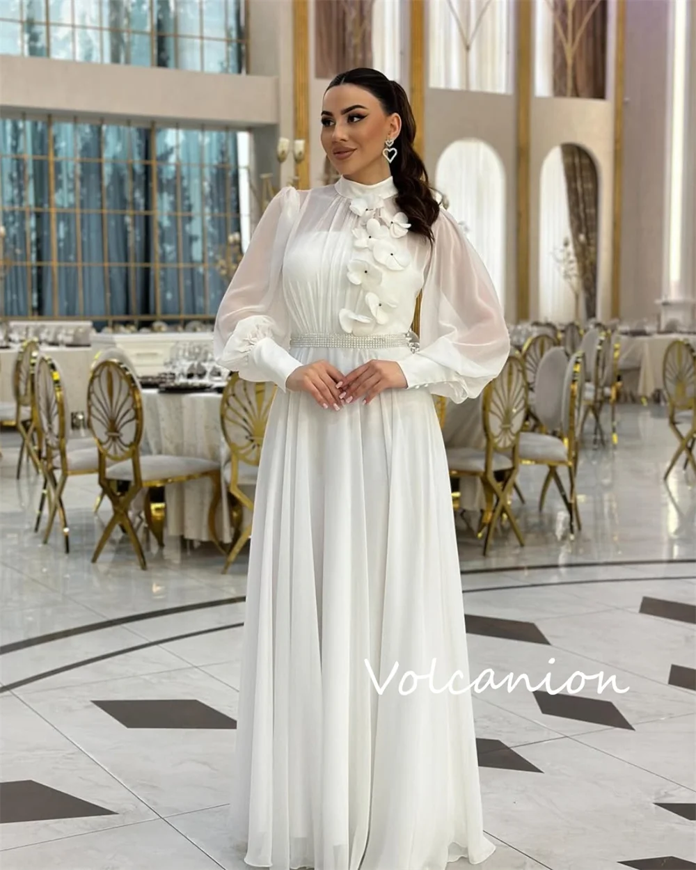 カスタマイズされたカジュアルシフォンアップリケプリーツAラインハイカラーロングドレスオーダーメイド機会モダンスタイルクラシック