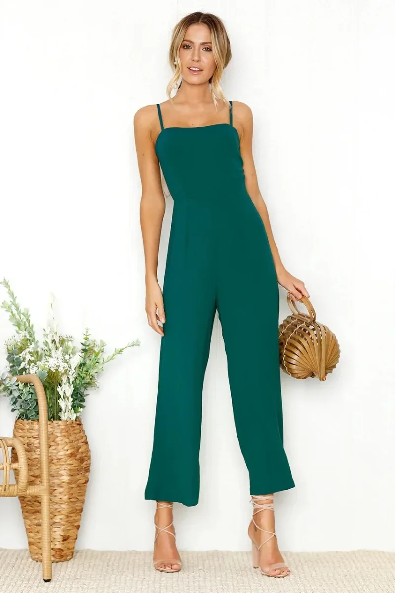 2023 Women\'s Sexy Spaghetti Strap Green Joker High Waist Wide Leg Jumpsuits Solid Elegant Daily Spring European and American