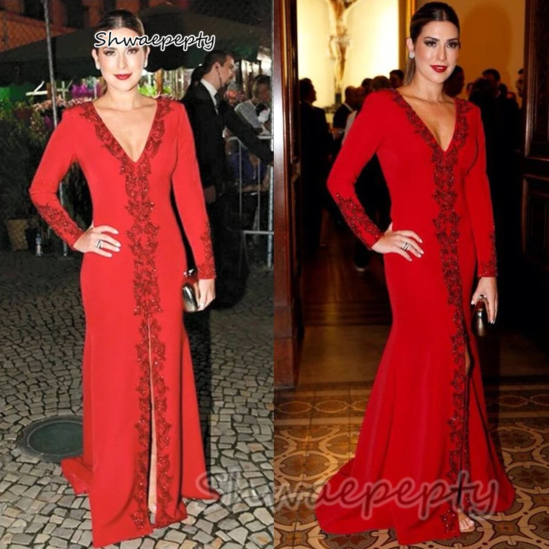 Elegante vestido de noche de sirena roja para mujer, manga larga, cuello en V, abertura frontal, vestido Formal para ocasiones, vestido de fiesta de celebridades, 2024