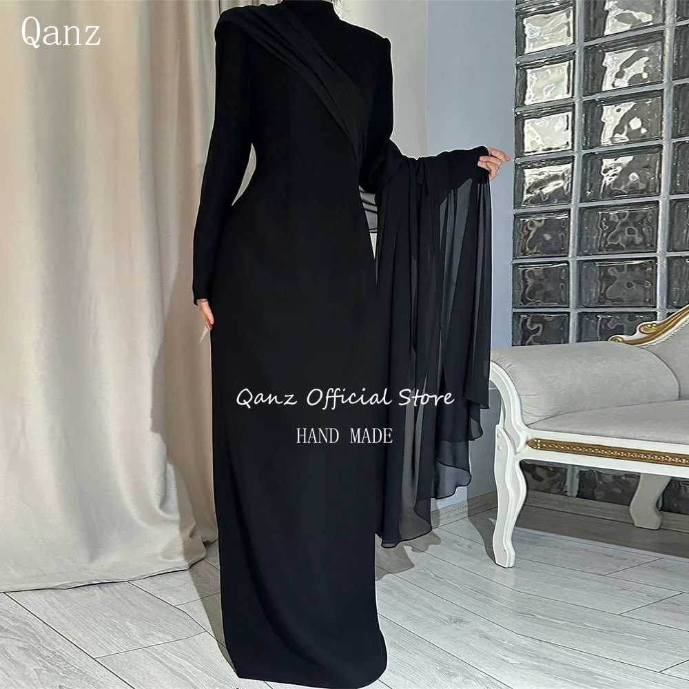 

Qanz Elegent Black O Neck Evening Dresses Long Sleeves Abendkleid Luxury 2024 Dubai Muslim Formal Occasion Dresses Customized