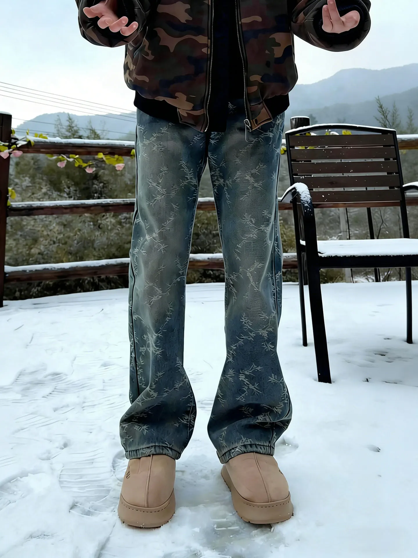 

Американские ретро-джинсы с вышивкой, мужские, осенне-зимние, в уличном стиле, зауженные, прямые, слегка расклешенные брюки