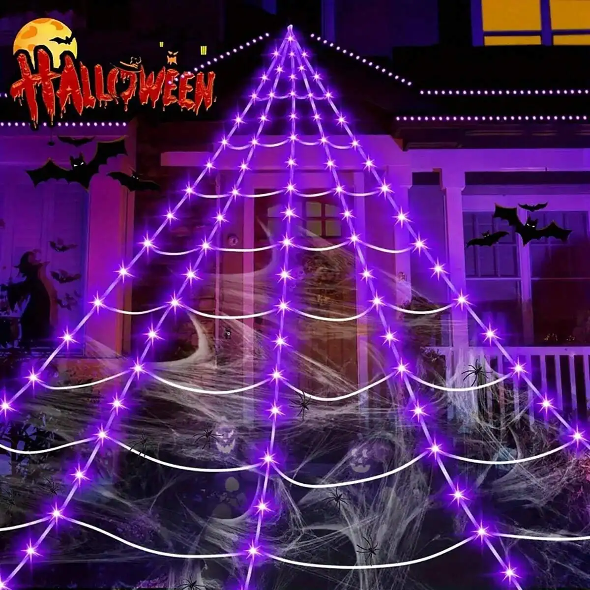 1pc 5m Halloween Spider Web LED Light, Indoor Yard Gothic Bedroom Terrifying Atmosphere Decor