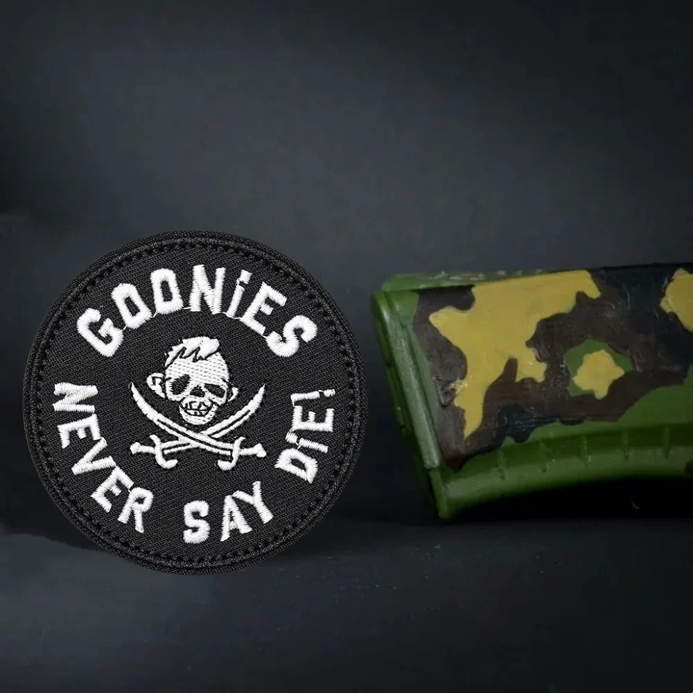 Goonies Never Say Diei Embroidered Patches for Clothing Skull Tactical Morale Badge ARMY Military Hook and Loop Backpack Sticker