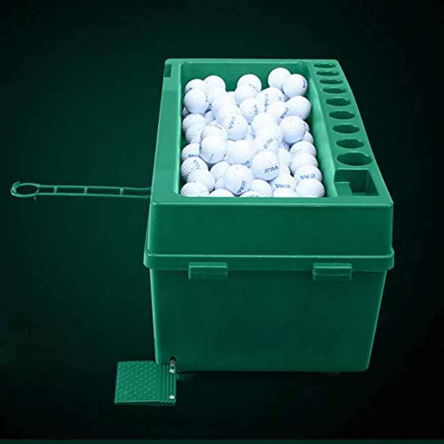 

Golf ball dispenser machine for practice range use, ABS plastic, black, automatic tee-up and retrieval with cue holder, no elec