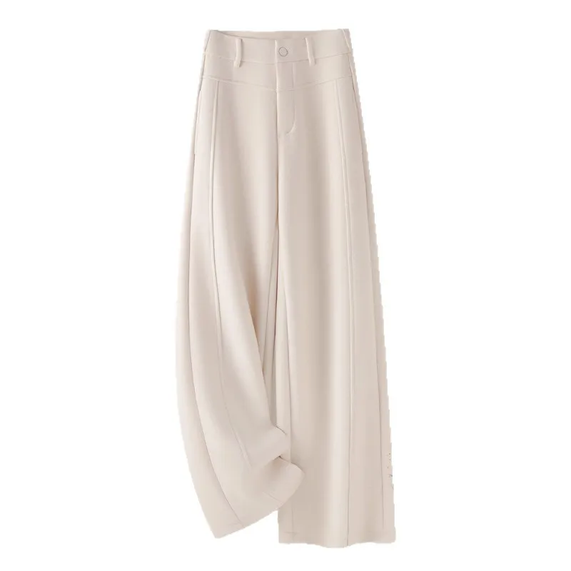 رمادي التخسيس عارضة السراويل المستقيمة للنساء الشتاء أنيقة ضئيلة ثنيات الصوفية واسعة الساق السراويل