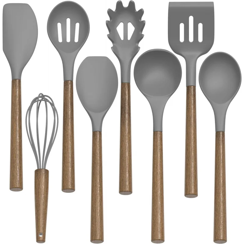 Silicone Kitchen Cooking Utensil Set, 9Pcs Kitchen Utensils Spatula Set with Wooden Handle Nonstick Cookware, 446 °F Heat Re