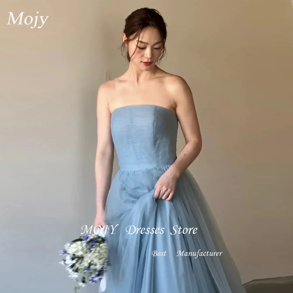 Mojy Simple Soft Tulle Korea Princess Prom Dresses Strapless Lace Up Evening Gowns Wedding Photo shoot Floor Length Customized