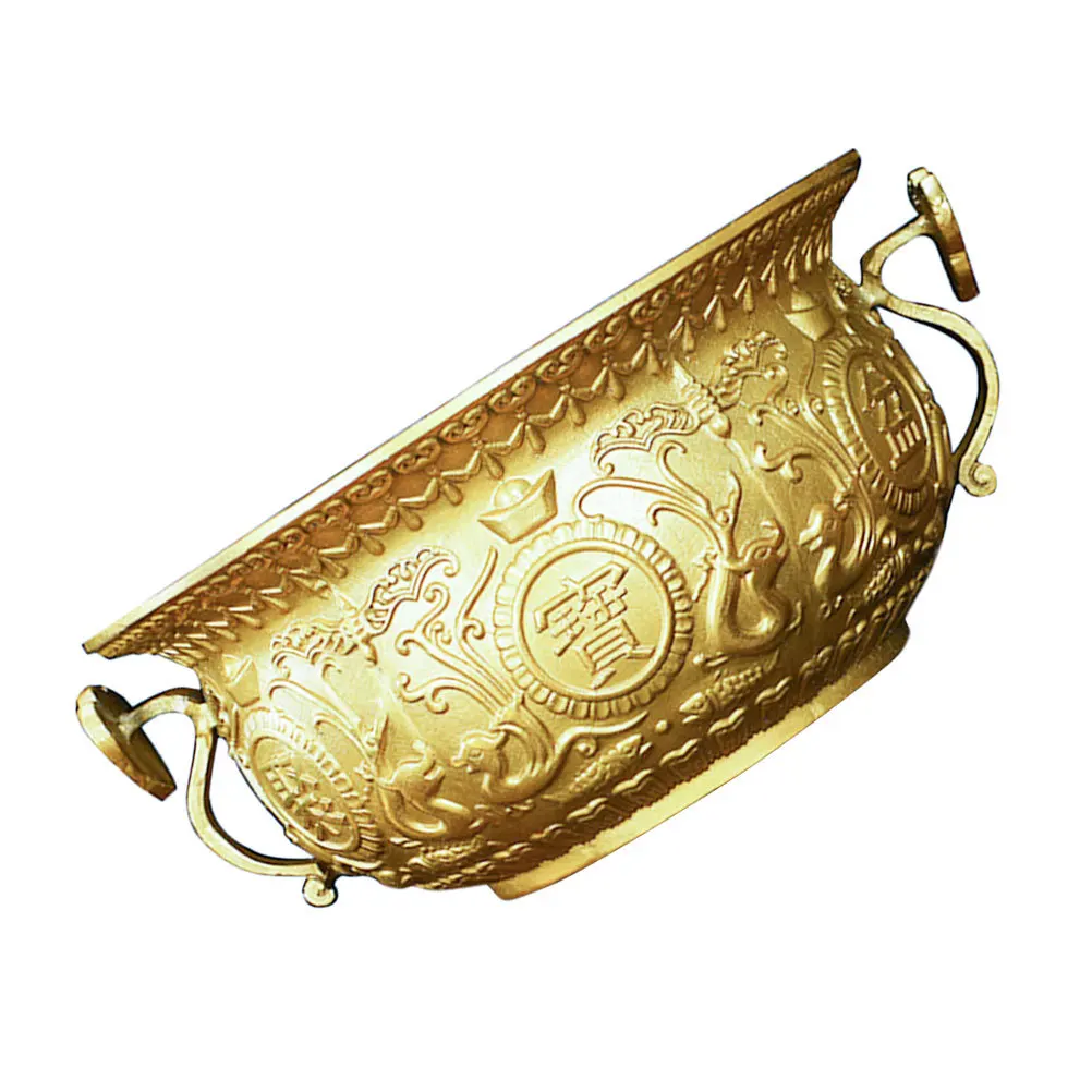 

1Pcs Cornucopia Decoration Treasure Bowl Brass Double Ear Handle Carved Animal Motifs Fortune Ornament Home Desktop Gift