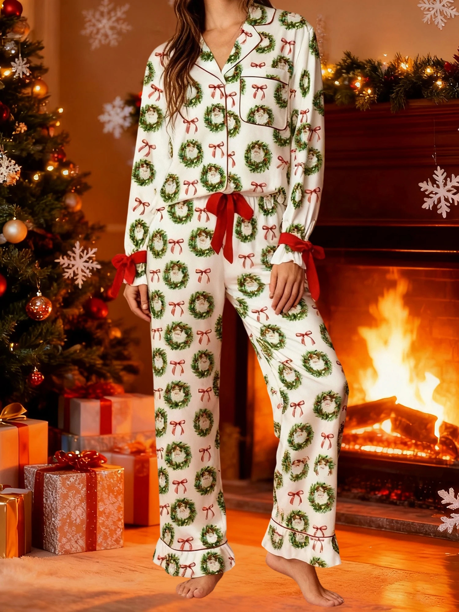Conjunto de pijama navideño para mujer con estampado de corona festiva, camisa de solapa de manga larga y pantalones acogedores, conjuntos de ropa de dormir para una alegría