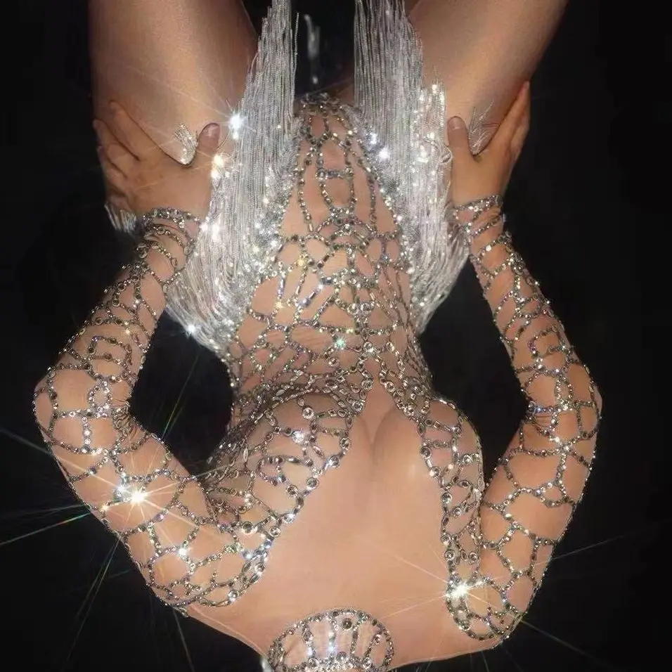 

Облегающее боди с прозрачными бриллиантами и бахромой, сценическая одежда для ночного клуба, наряд знаменитости, костюм для выступлений