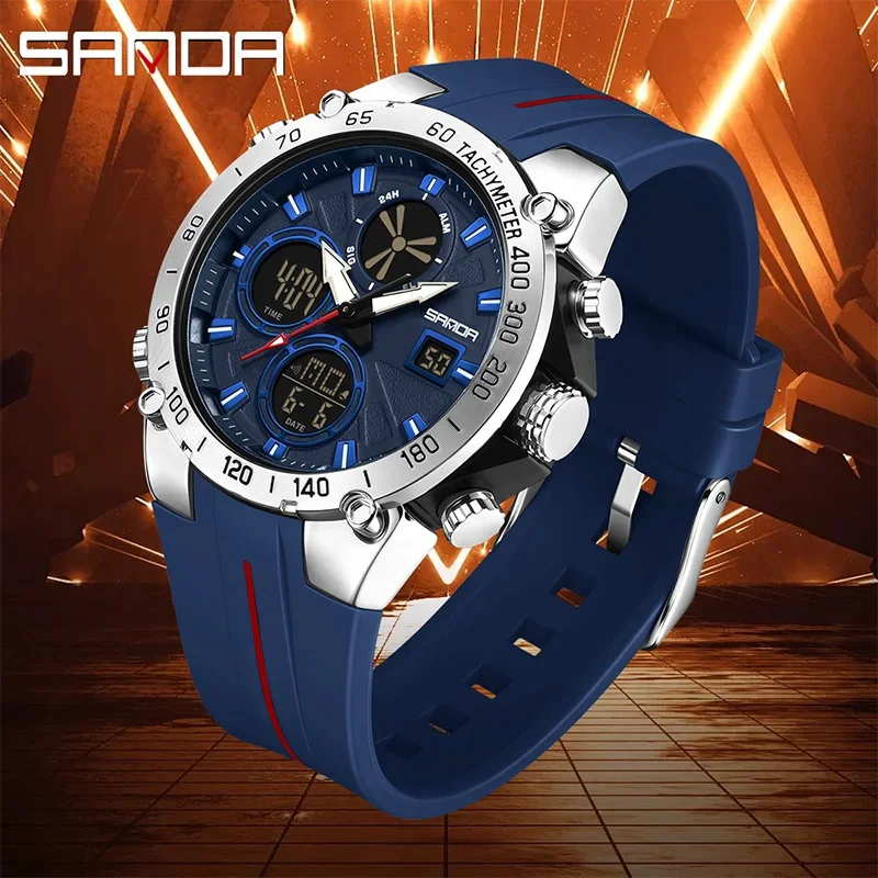 

SANDA Top Fashion Men's Sports Watch Waterproof LED Analog Digital Dual Display Electronic Clock Stopwatch Men Quartz Wristwatch
