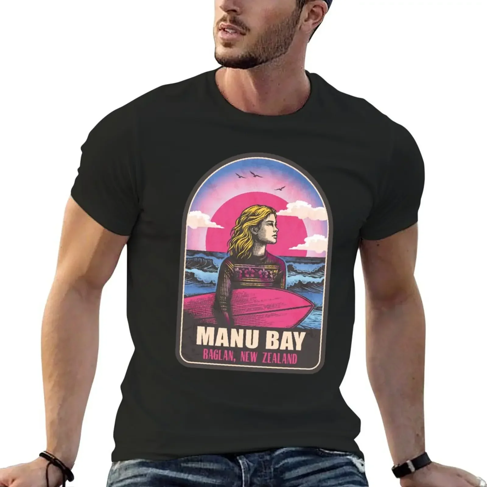 

Manu Bay Raglan New Zealand Vintage Surfing Graphic T-Shirt shirts graphic tees summer top t shirts for men cotton