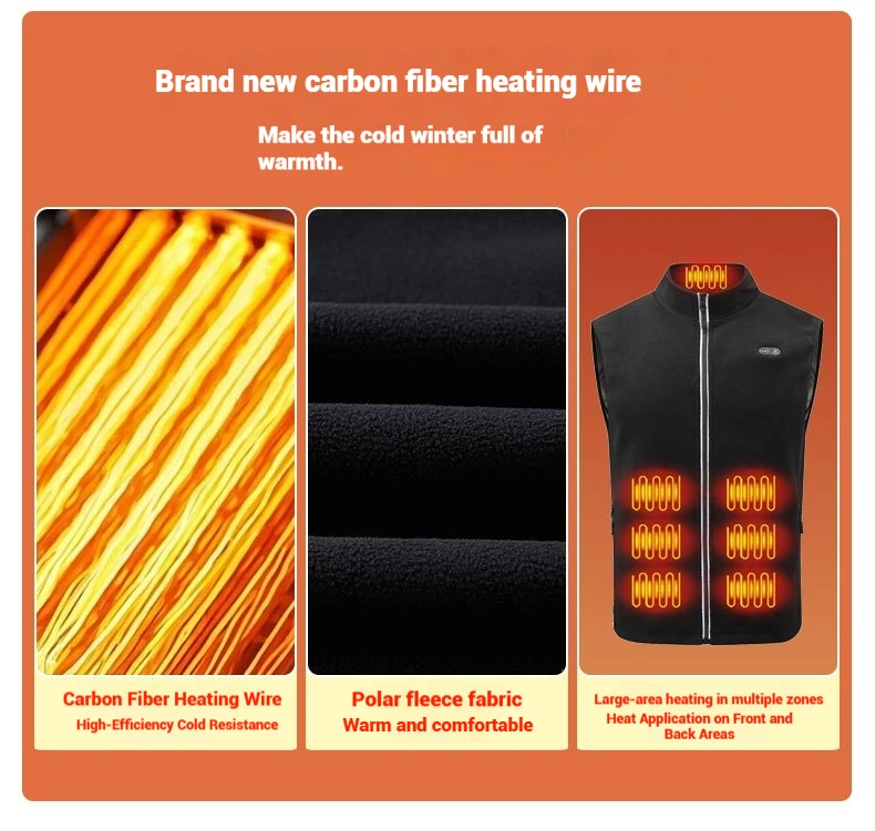 USB-Heizweste für Herren und Damen, elektrische Thermojacke, Polarfleece, Stehkragen, winddicht, reflektierender Reißverschluss, Outdoor-Sport – Detail 9