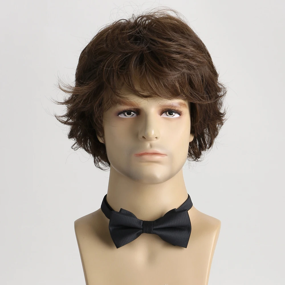 Short Synthetic Curly Brown Wig for Men Layered Heat Resistant Wigs With Bangs For Daily Use Costume Party Holiday Dating