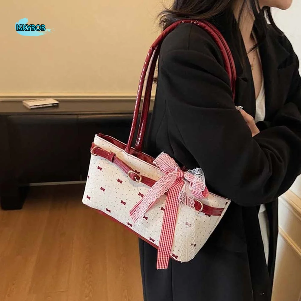 

Portable Sweet French Tote Bag Contrast Color Large Capacity Bow PU Handbag Korean Style Waterproof Underarm Bags Girls