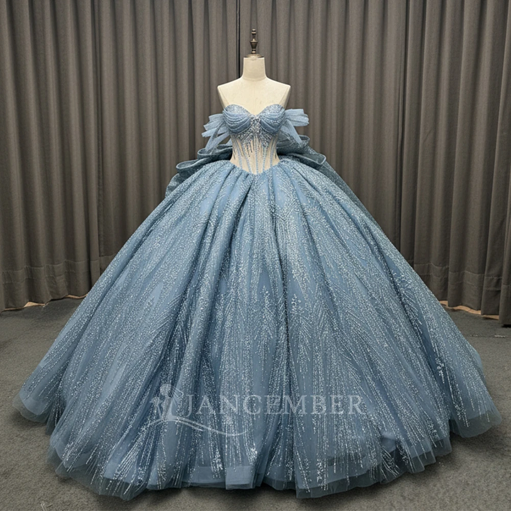 

Classic Ball Gown Quinceanera Dress With Bow Prom Gown for Girl Off the Shoulder Sparkly Scoop Vestidos De 15 Anos Customized