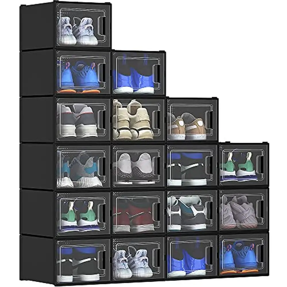 Stackable Shoe Organizers Drawers 18 PCS Storage Boxes Black XL Size Ideal All Shoes Sandals Sneakers High Heels Ventilated