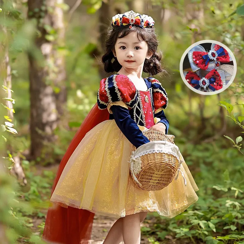 

Cute Girls Disney Snow White Dress Spring Long Sleeves Silk Velvet Children Cute Sweet Dress Skirt Birthday Performance Clothing