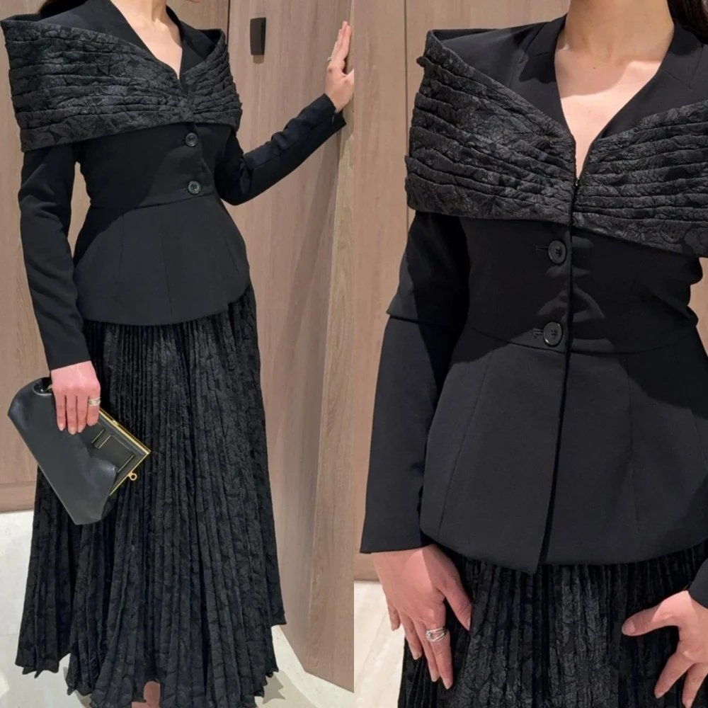 Customized Jersey Button Pleat A-line V-neck Midi Dresses Evening Bespoke Occasion Simple Formal Modern Style