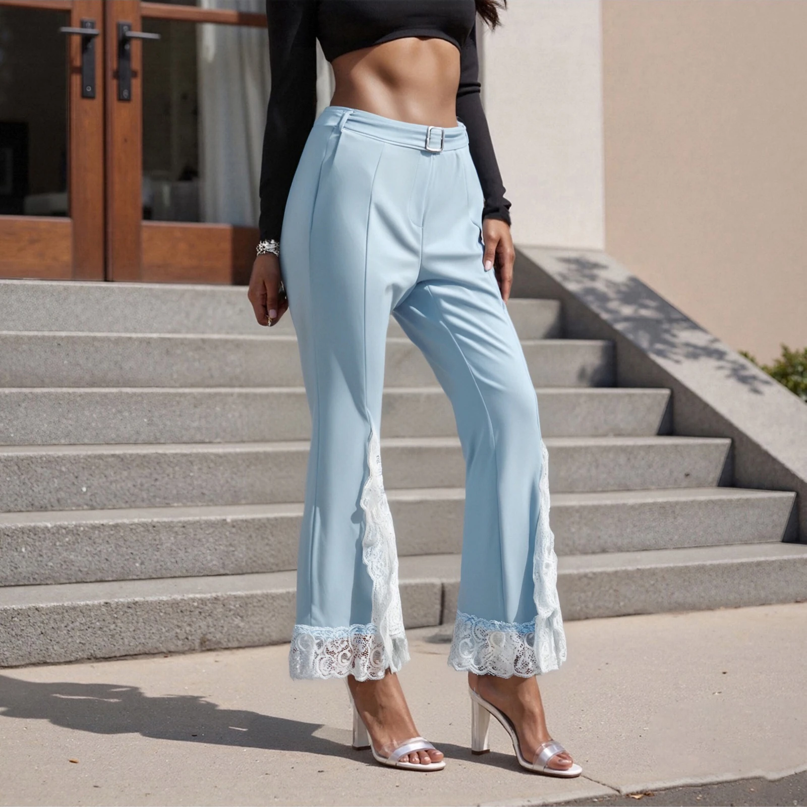 

Новые женские кружевные расклешенные брюки, модные универсальные повседневные брюки-клеш с высокой талией и поясом, горячая распродажа S-XL