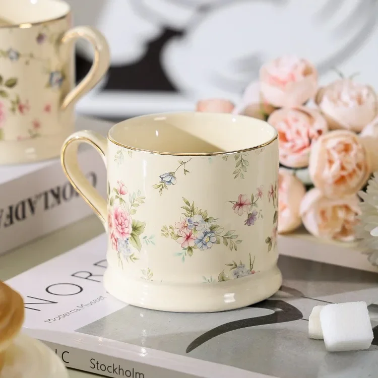 AhunderJiaz European Retro Yellow Flower Mug Household Luxury Coffee Cup Set Kitchen Drinkware Home Decoration