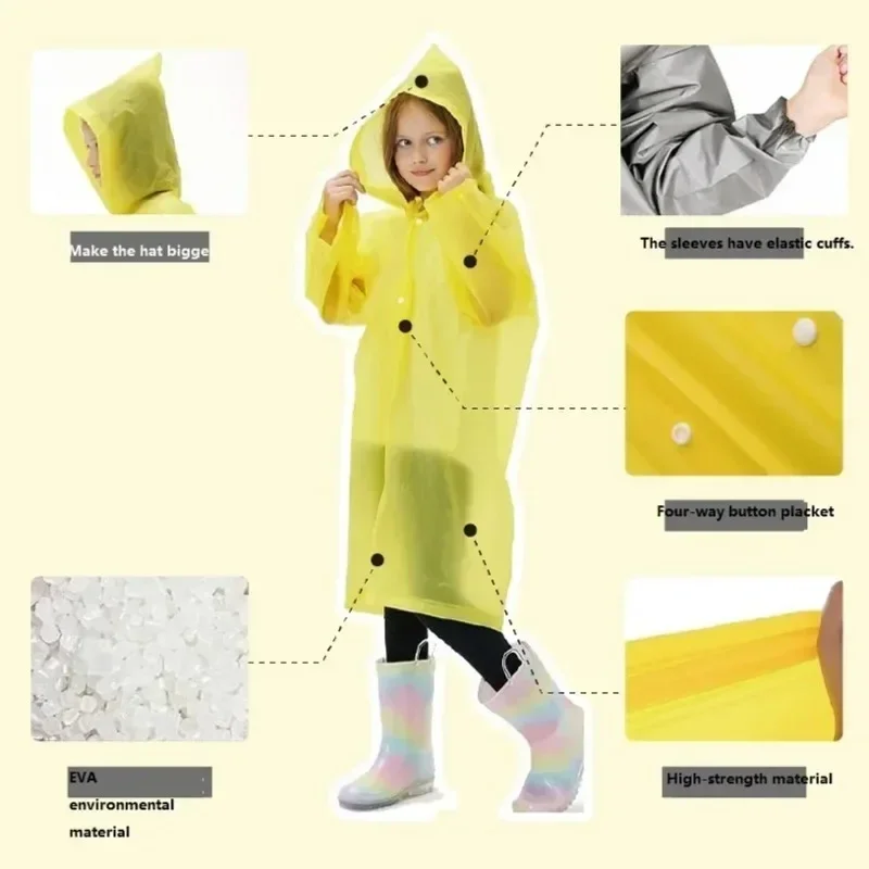 Kids EVA Reusable Raincoat Waterproof Transparent Hooded Poncho Lightweight Thickened Rainwear Unisex for School Hiking Camping