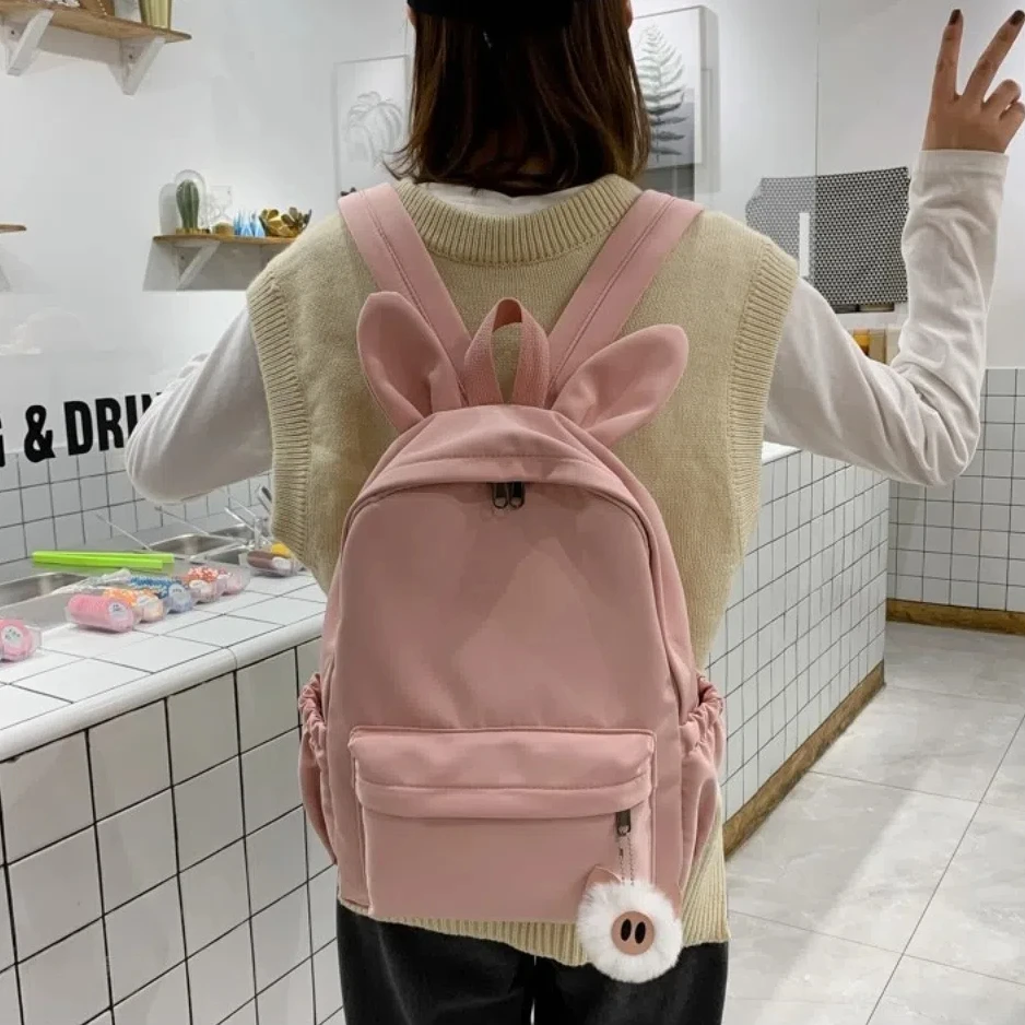 

New Rabbit Ear Student Backpack Large Capacity Solid Color Travel Bag Lightweight Adjustable Strap Student School Bag Adults
