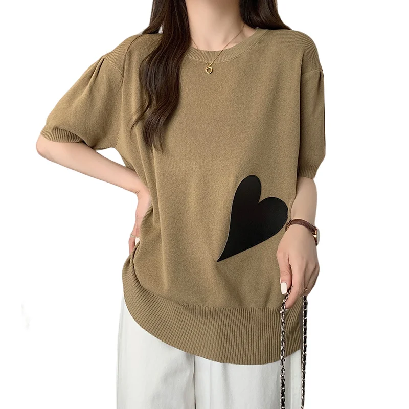 

XL-4XL Large Pullover Knitted T-shirts Women Summer Short Sleeve Loose Oversize Tops Heart Pattern Ice Silk Knit Tshirt 2023