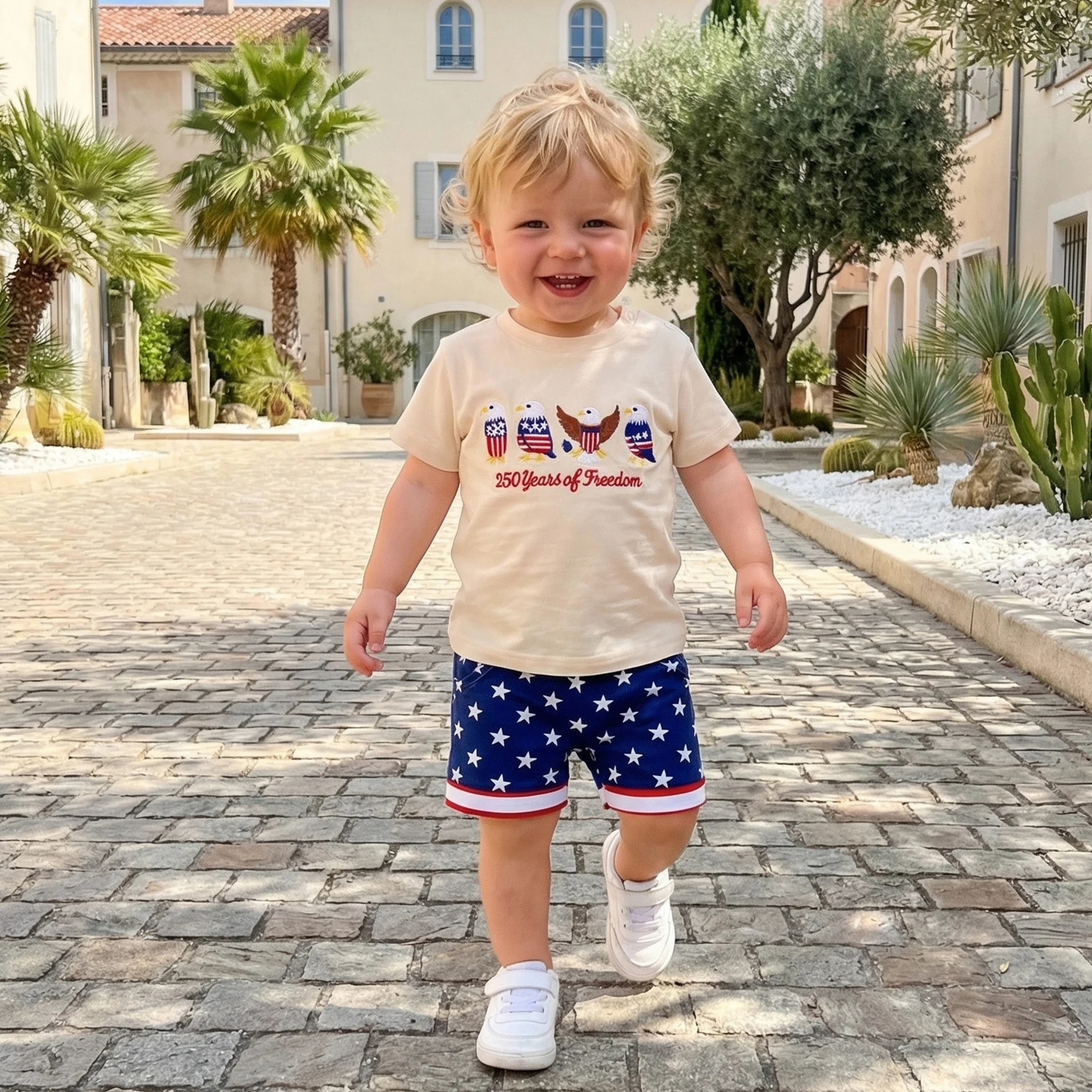 Toddler Boys 4th of July Outfits Bird Letter Embroidery Short Sleeve Crew Neck T-Shirt and Elastic Waist Shorts 2Pcs Clothes Set