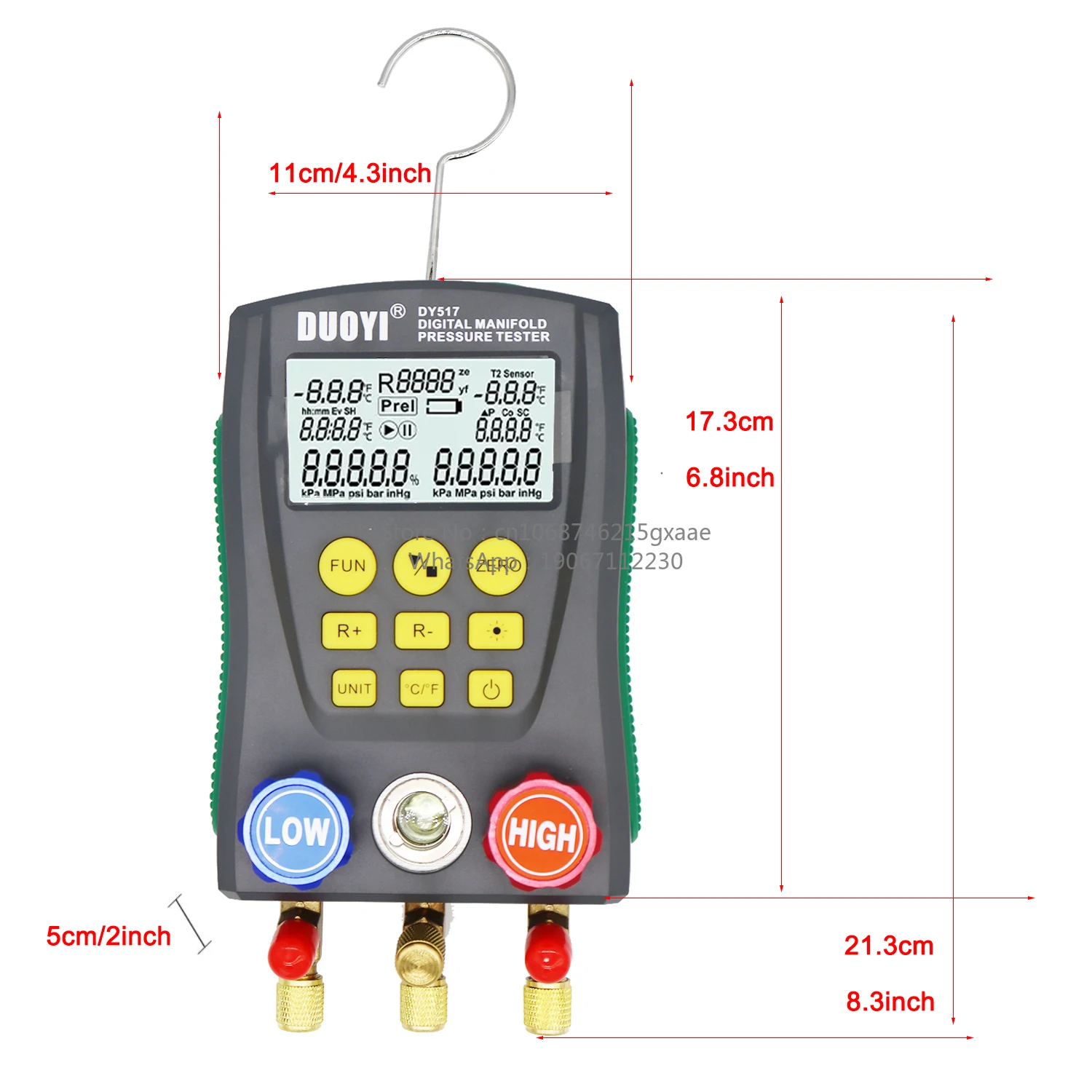 Digital Manifold Gauge Set for HVAC AC Pressure Testing with 93 NIST Refrigerants Vacuum Measurement and Backlit Display for