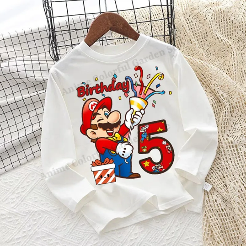 スーパーマリオブラザーズ長袖シャツ子供のためのアニメゲームファッショントップ男の子女の子誕生日番号服子供服ギフト