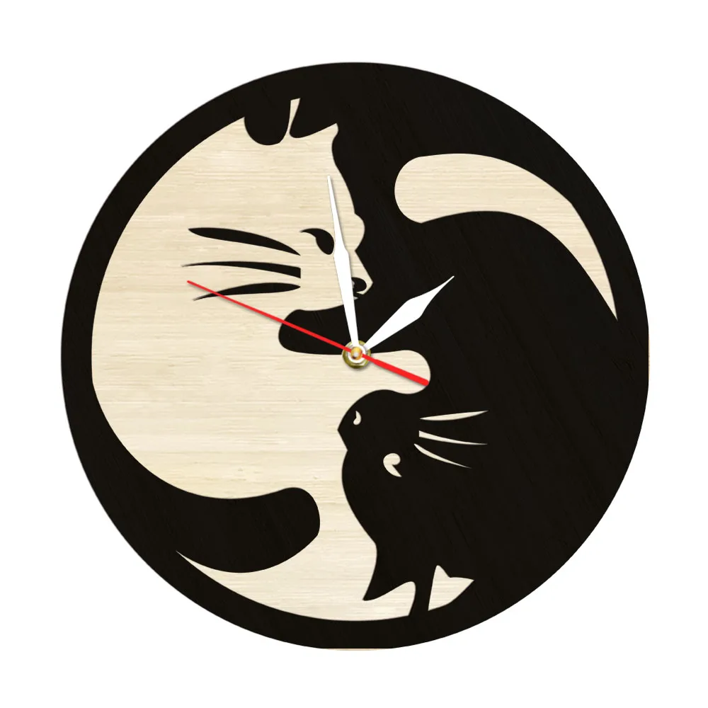 Yin Yang Cat Retro Wooden Wall Clock Boho Minimalist Home Decor Wall Watch Moon Cat Kitty Friendship Wall Watch Cat Lovers Gift