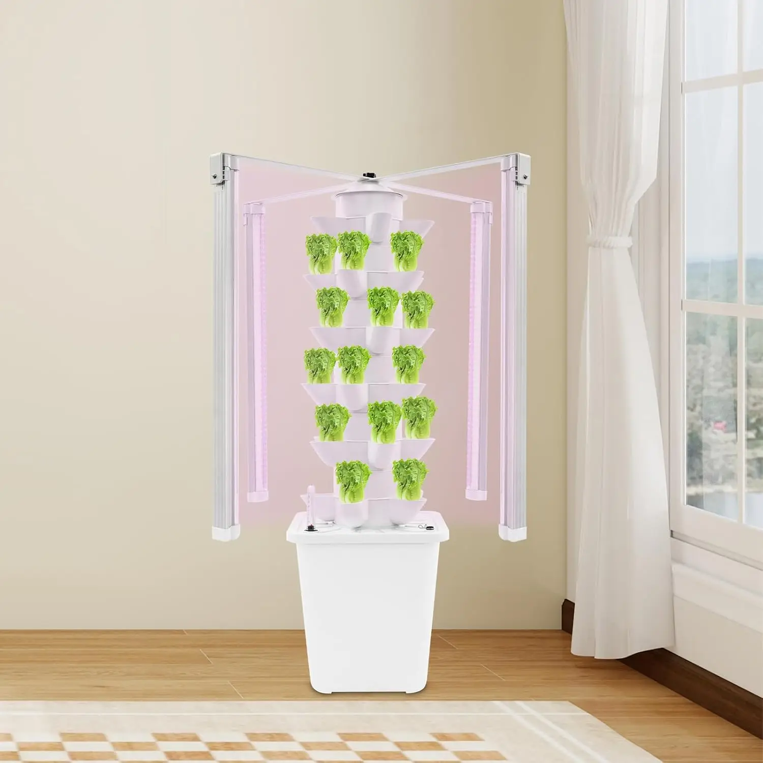 Hydroponic Grow Tower with 4 Led Light , 6 Tiers 30 Plant Sites for Garden, Office, Balcony (White)