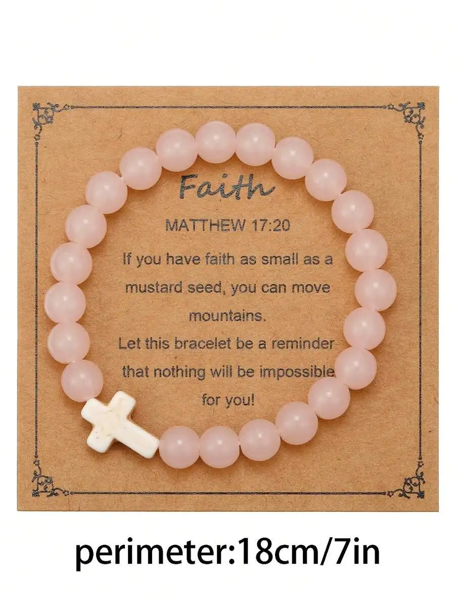 

8mm Pink Rose Quartz Beaded Elastic Bracelet With White Cross Charm And Faith Scripture Card, Unisex Spiritual Gift