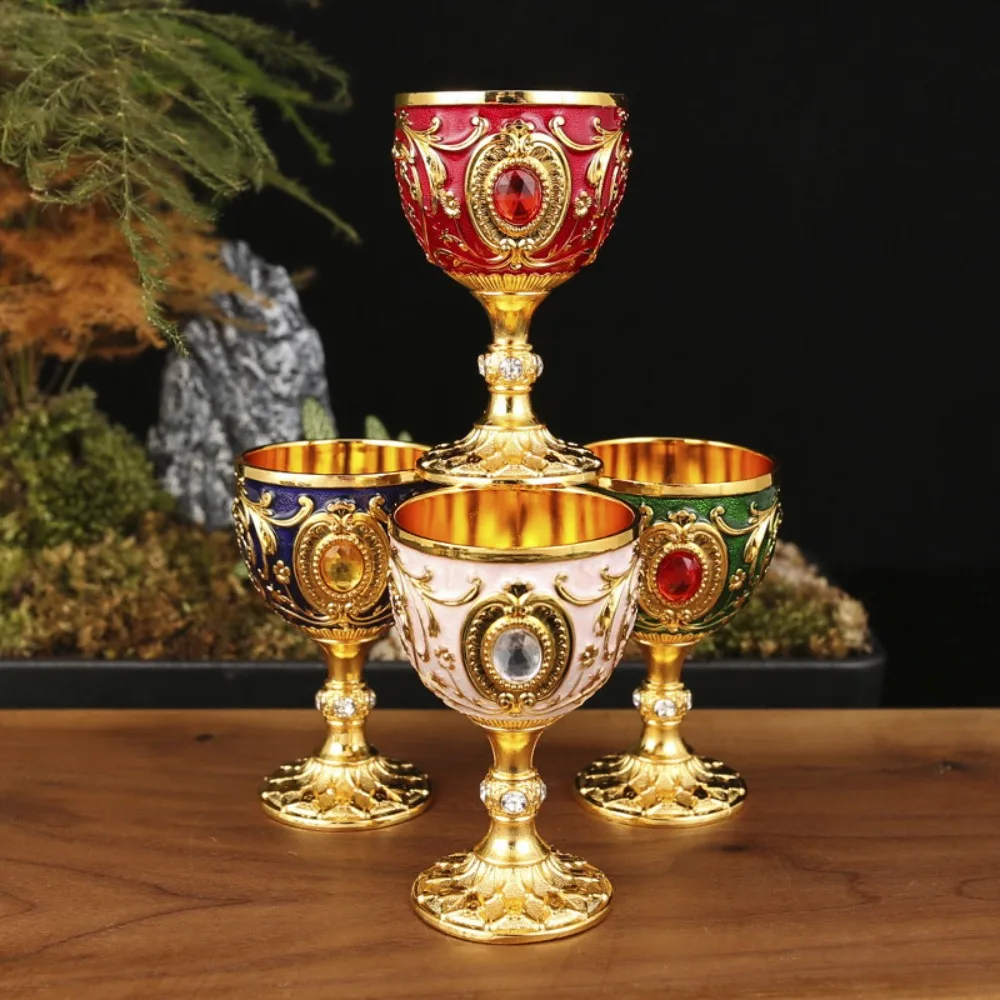 Household Embossed Vintage Metal Wine Cup European Style Diamond-encrusted Goblet Anti-break Wine Glasses Communion