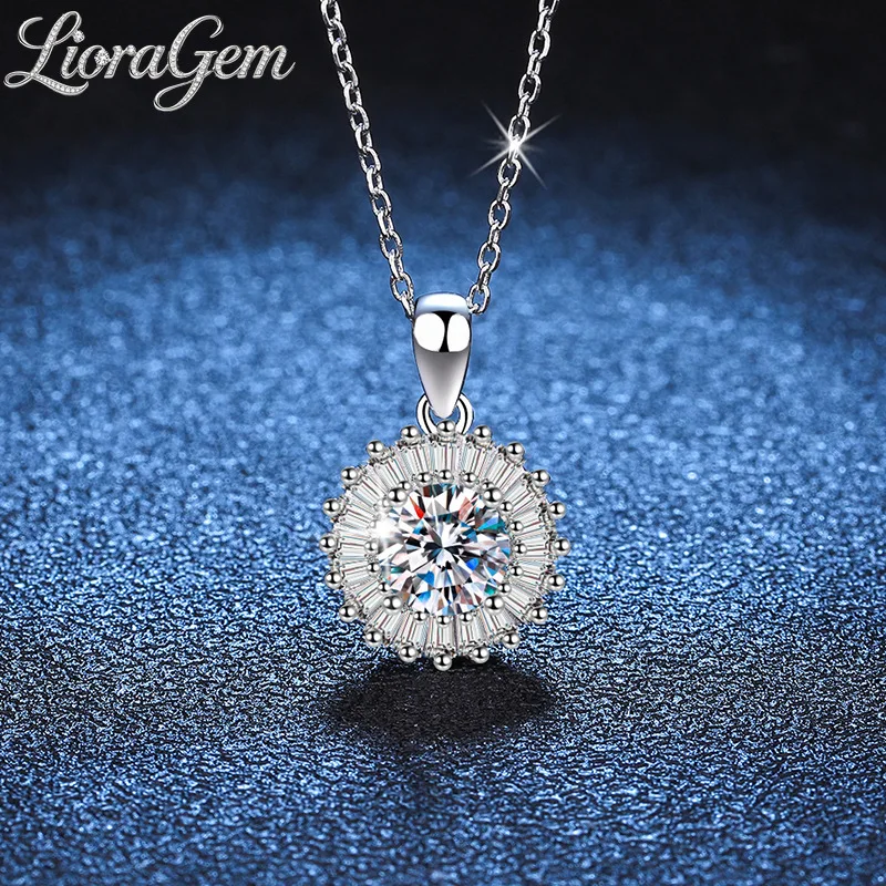 LioraGem Full Diamond Luxury Round Pendant, 1-carat Moissanite Sunflower Necklace Platinum PT950 Stamp
