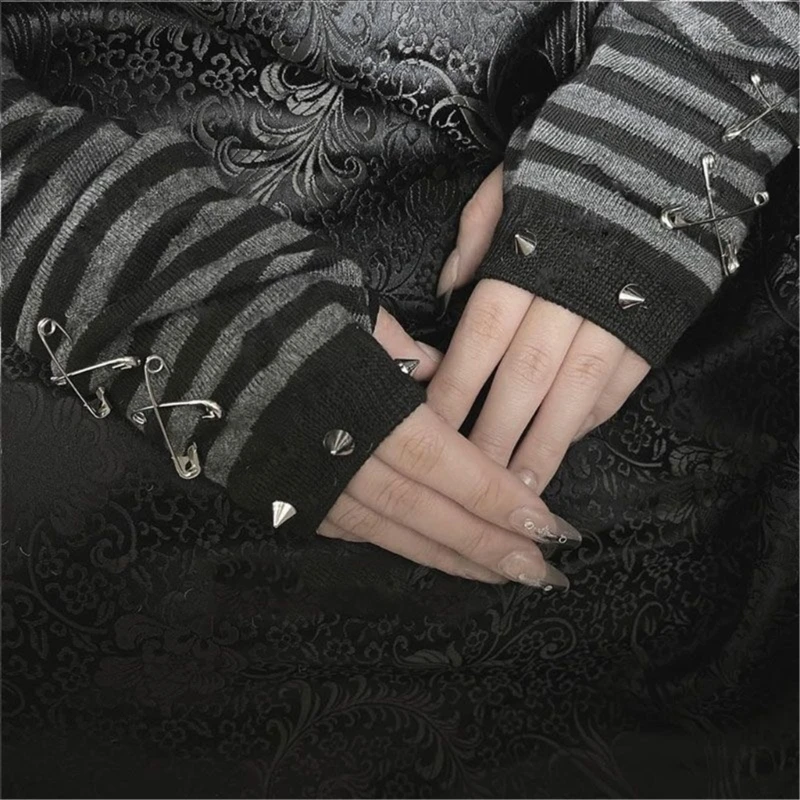 Women Gothic Punk Subculture Arm Sleeves with Rivet Pin Y2K Girl Halloween Party Striped Fingerless Gloves Long Arm Cover Sleeve