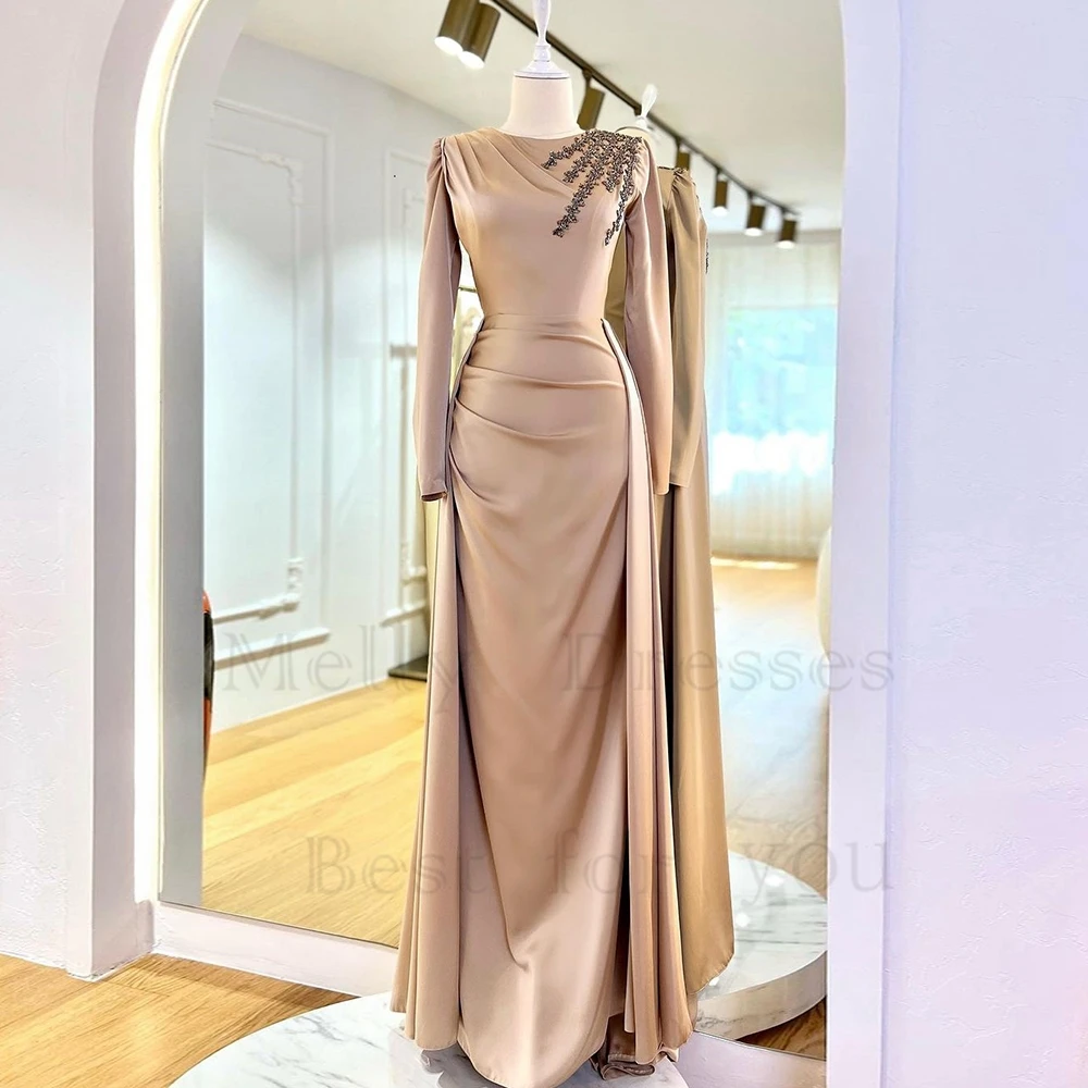 

Charming Scoop Evening Dresses for Women 2023 Full Sleeve Satin Prom Gowns with Beading New Summer Vestido De Noche Pleat