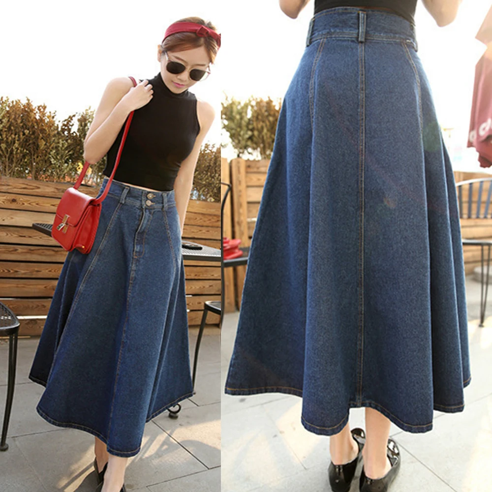 

Ankle Length Vintage Denim Washed Skirt Women Bleached High Waist Dress Zipper Fly Pockets Spliced Distressed Basics Loose
