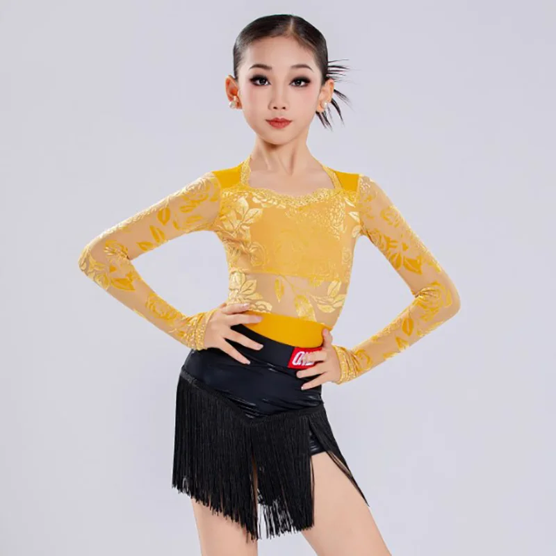Crianças meninas trajes de dança latina amarelo impressão manga longa renda bodysuit e prática borla saias ternos salão rumba dancewear