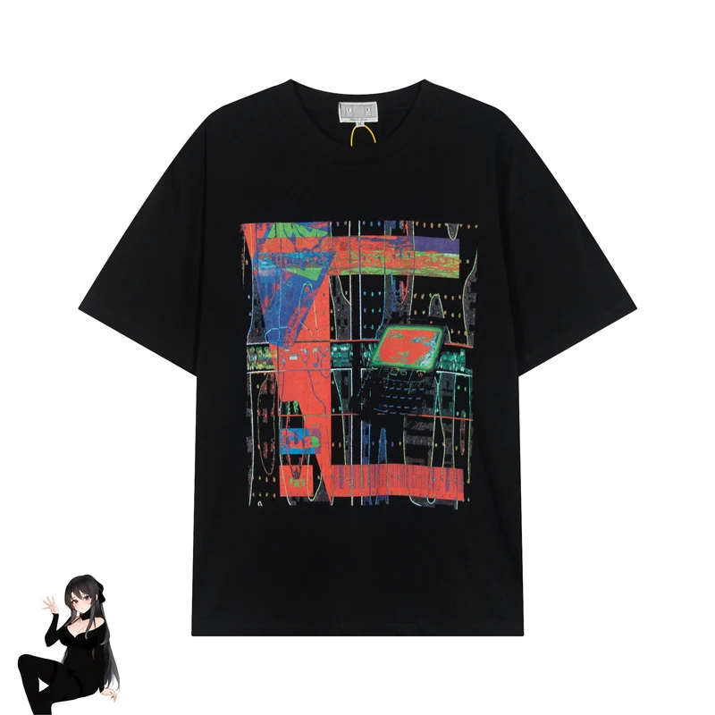 2024 Cavempt New Crewneck Black T Shirt Men Women Hip Hop Colorful Print Abstract Pattern T-shirt Punk Style Short Sleeve Japan