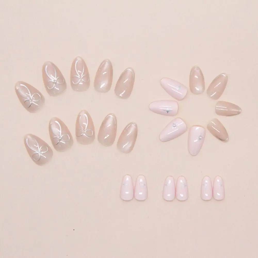 

24pcs Manicure Long Almond False Nails French Bow Pearl Press on Nails Aurora Wave Detachable Nail Tips DIY