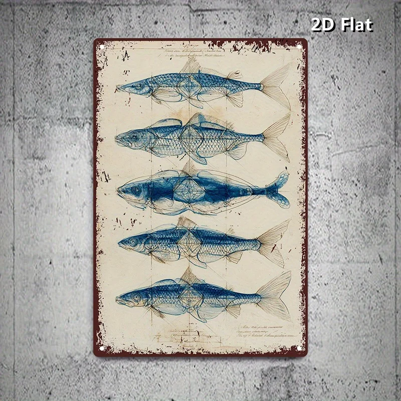 2D Flat Aluminum Wall Art Fish Sketch Blue Scale Ocean Decor Sign Diner Garage Gift 20X30Cm