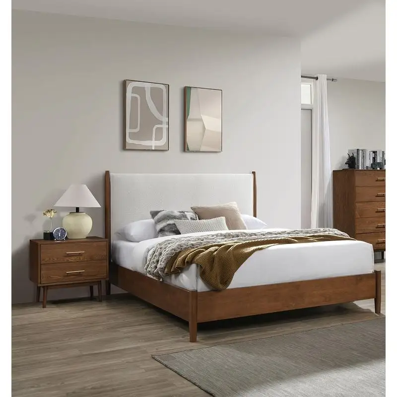 Queen Size Walnut 3-Piece Bedroom Set with 2 Nightstands and Beige Upholstered Fabric Headboard, Mid-Century Modern Design