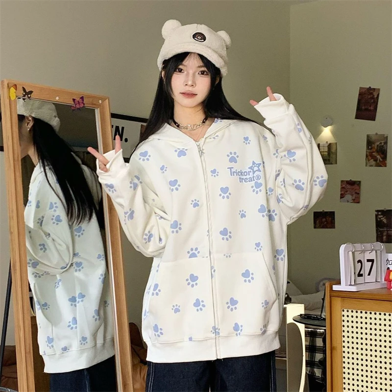 

Cute Dog Claw Print Sweater Women's 2025 Spring New Thin Zipper Mid-Length Cardigan Hooded Jacket Trendy Blue Black Student