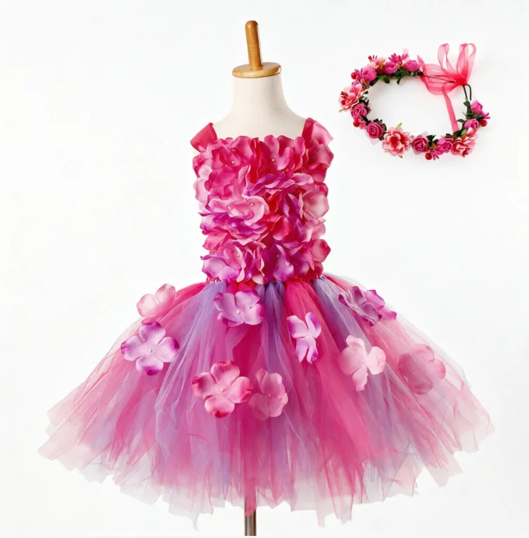 Pink Sweet Petal Elegant Unique Design Floral Printed Tutu Dress With Flower Hedaband Set Stage Performance Holiday Party Wear