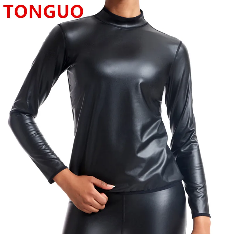 TONGGUO Women Fashion Black PU Leather Shirt Long Sleeve Casual Skinny Blouses Girls Elastic Faux Leather Party Club Top Tshirts