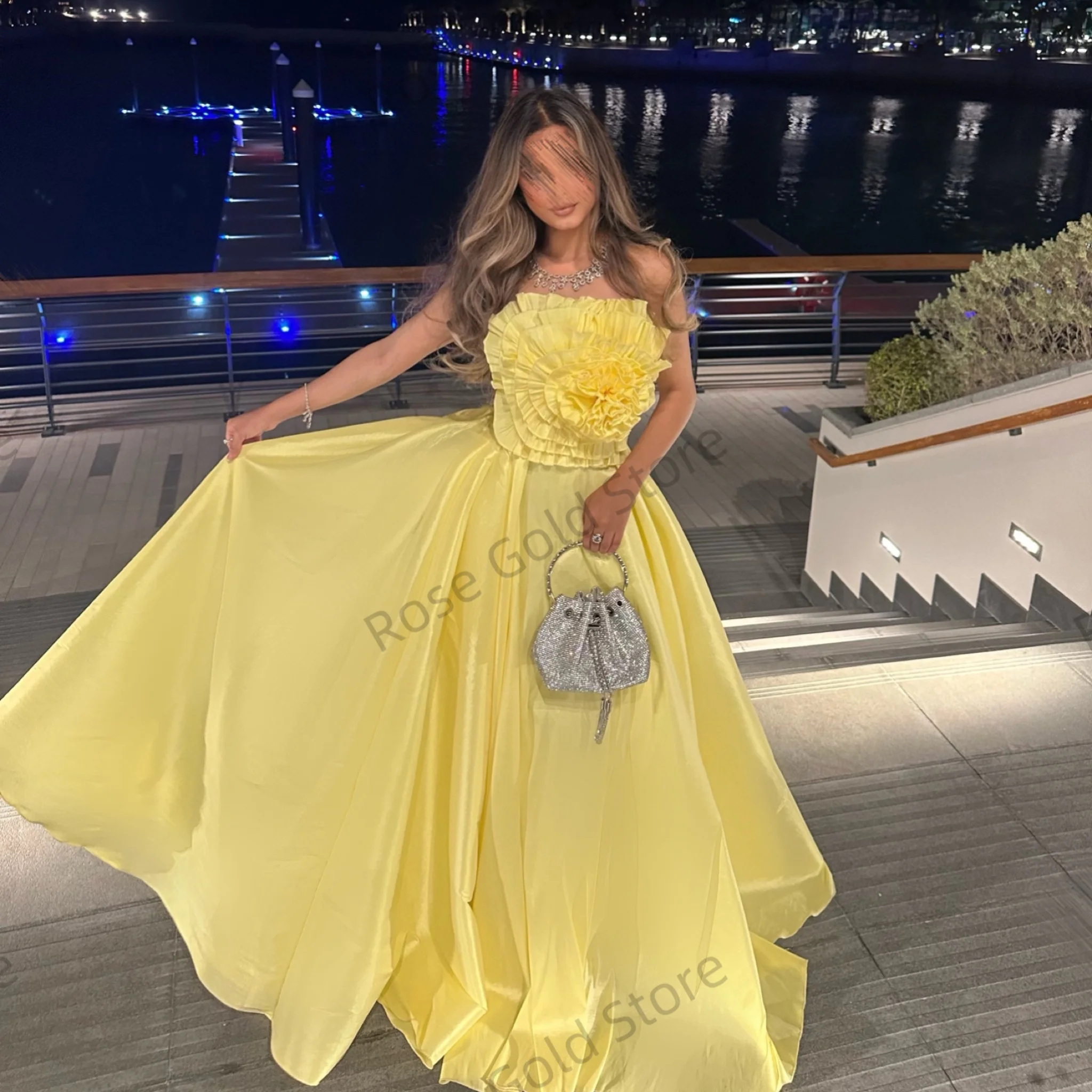 

A Line Yellow Evening Dress for Women Customized Strapless Robes de Soriee with Ruffles Formal Brithday Occasion Party Wear