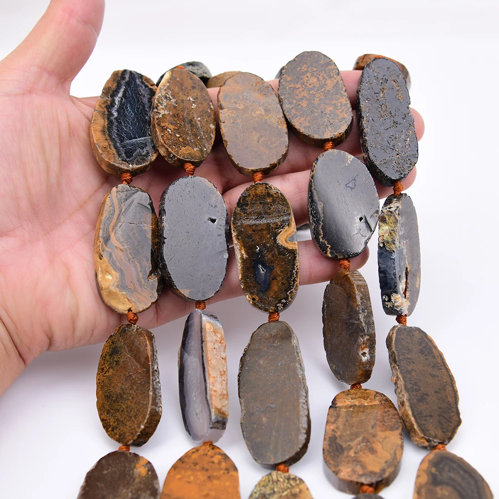 APDGG Natural Divine Eye Lace Black Agate Geode Oval Slice Loose Pendant Beads 16.5'' Strand Jewelry Making DIY